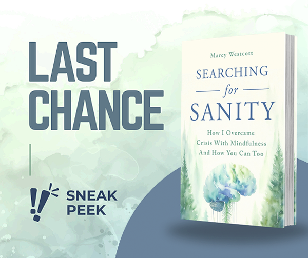 Book cover of Searching for Sanity by Marcy Westcott with the text "Last Chance" and "Sneak Peek" on a green background.